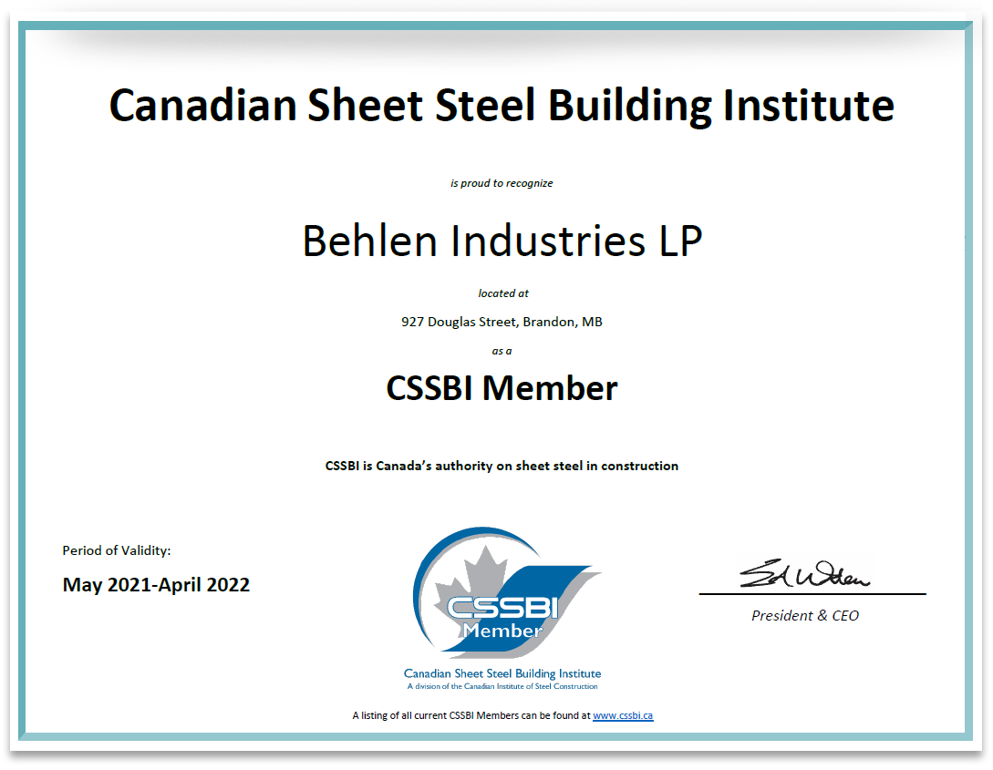 Behlen Industries - CSSBI Membership Certification