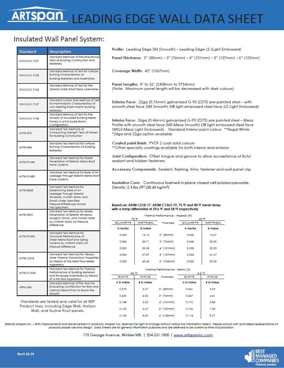 Behlen Industries - Artspan Leading Edge Data Sheet