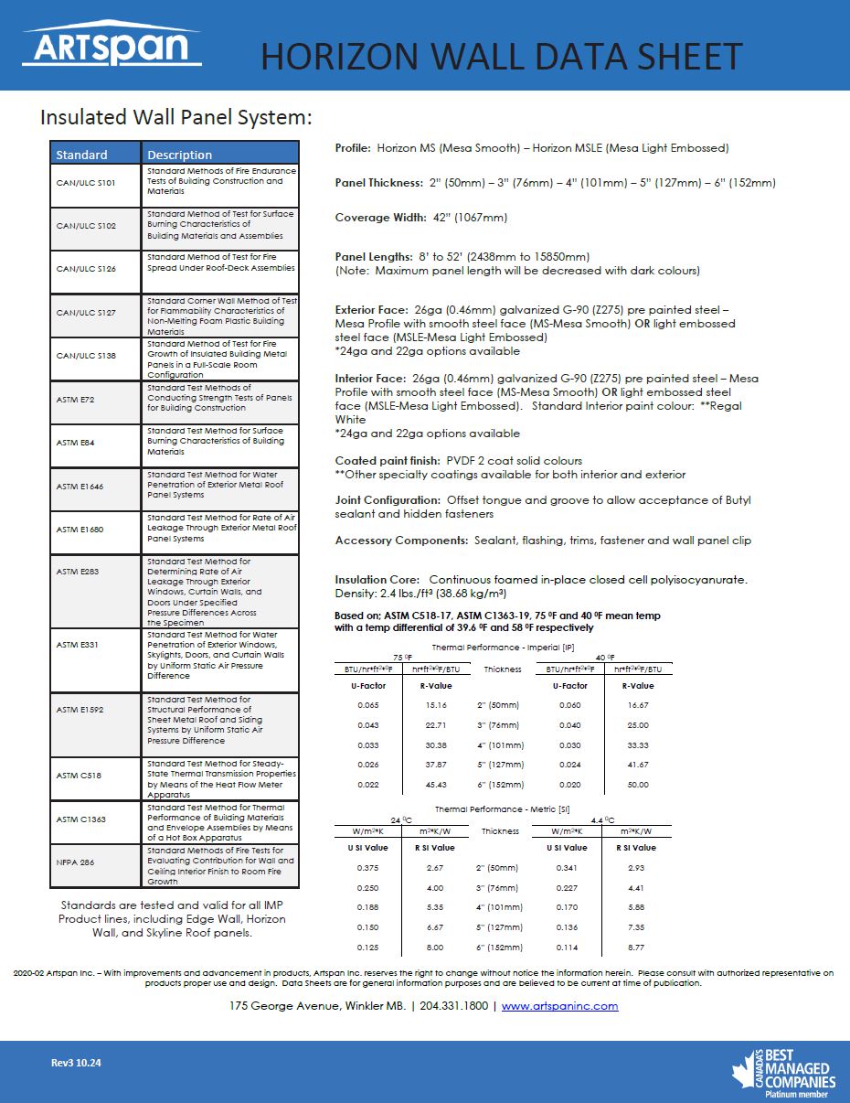 Behlen Industries - Artspan Horizon Data Sheet