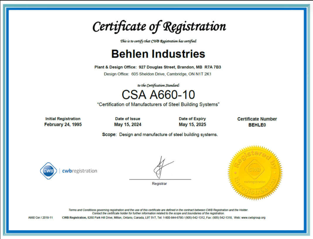 BEHLEN Steel Buildings: CSA A660-10 Certification