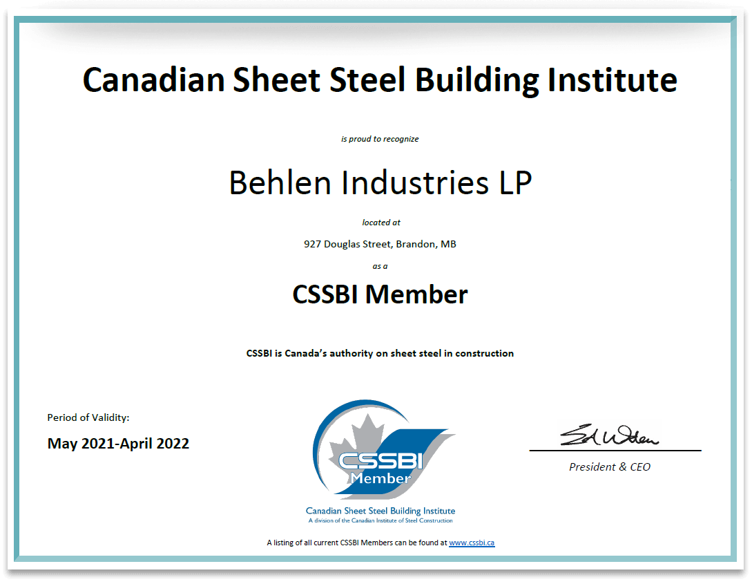 BEHLEN Steel Buildings: CSSBI Membership Certification